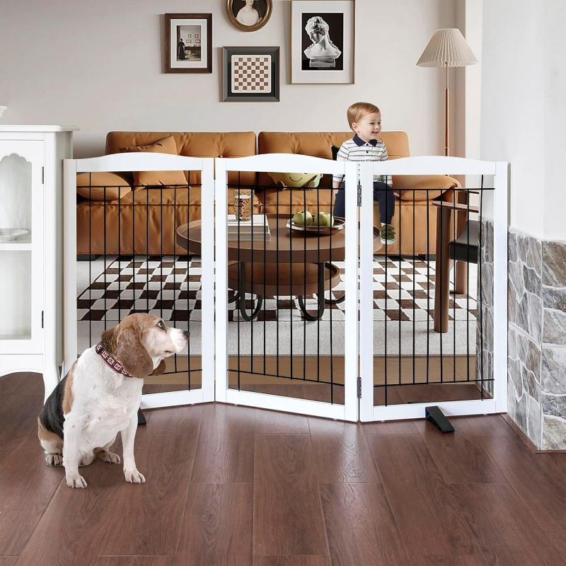 Photo 1 of ZJSF Freestanding Dog Fence Indoor, Foldable Dog Gate for Doorways, Stairs or Hallways, Sturdy Wood Extra Wide Pet Gate with Support Feet for The House, White, 32 "Height-3 Panels