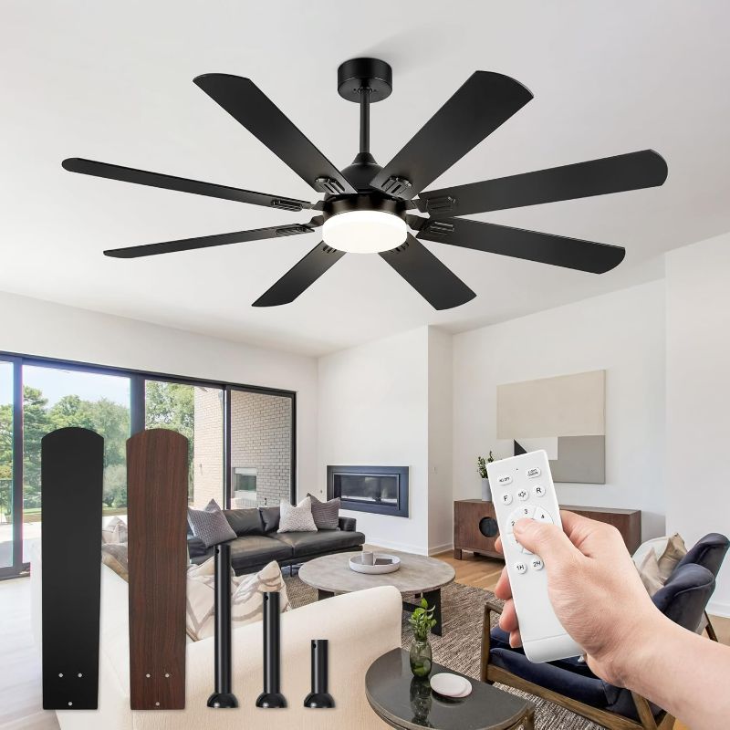 Photo 1 of *No Remote** 62 Inch Ceiling Fans with Lights, Black Modern Ceiling Fan with Remote,Large Farmhouse Indoor & Outdoor Ceiling Fan with 8 Dual Finish Blades, Quiet DC Motor, Bright LED Light