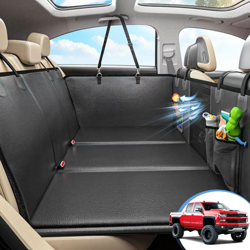 Photo 1 of Back Seat Extender for Dogs, Hard Bottom Dog Car Seat Cover for Truck Back Seat, Dog Hammock for Car, Upgraded PU Leather Material, Larger Space, Black