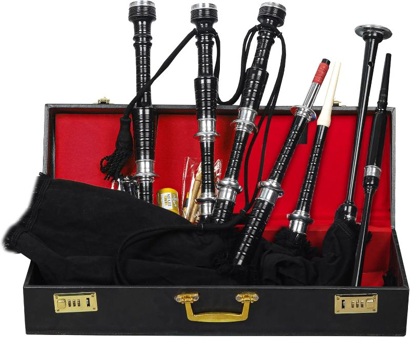 Photo 1 of **No Hard Case** Black Velvet Great Highland Scottish Bagpipes Black Finish Silver Mounts with Carrying Hard Case, Chanter Reeds, Tutor Book
