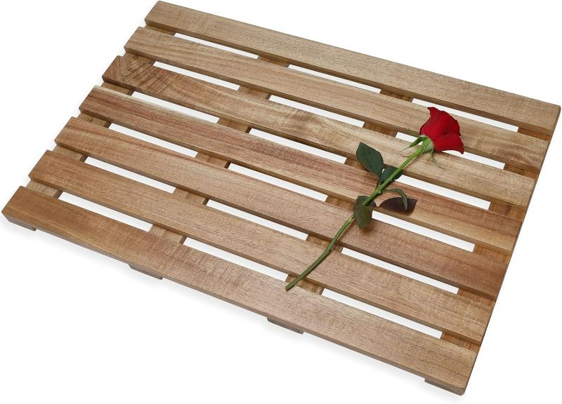 Photo 1 of Acacia Wood Luxury Bath Mat, Non Slip Bathtub & Shower Mat for Bathroom, Easy to Clean Waterproof Heavy Duty Shower Floor Mat for Spa Garden Pool RV Indoor & Outdoor Use (24" L x 16" W x 1.2" H)