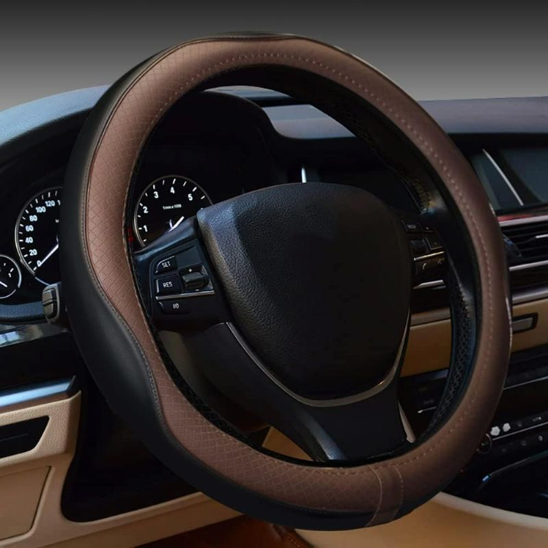 Photo 1 of Gomass Car Steering Wheel Cover, Anti-Slip, Safety, Soft, Breathable, Heavy Duty, Thick, Full Surround, Sports Style (Black Brown)