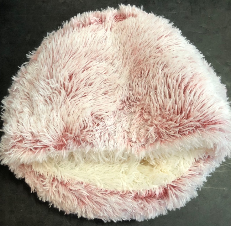 Photo 1 of Calming Dog Beds & Cat Cave Bed with Hooded Cover,Removable Washable Round Beds for Small Medium Pets,Anti-Slip Faux Fur Fluffy Coved Bed for Improved Sleep,Fits up to 15/25 lbs(Bean Mush,S)