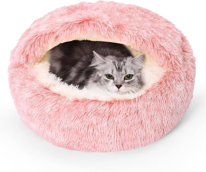 Photo 1 of Calming Dog Beds & Cat Cave Bed with Hooded Cover,Removable Washable Round Beds for Small Medium Pets,Anti-Slip Faux Fur Fluffy Coved Bed for Improved Sleep,Fits up to 15/25 lbs(Bean Mush,S)