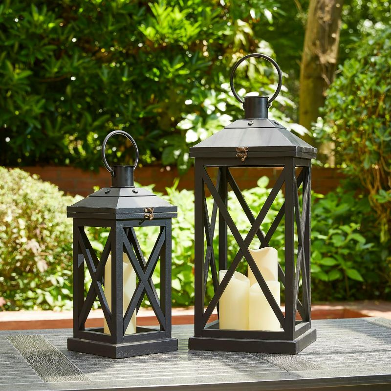 Photo 1 of Glitzhome Mondern Farmhouse Wooden Lantern Hanging Decorative Candle Lantern for Outdoor & Indoor Black Set of 2 (No Glass)