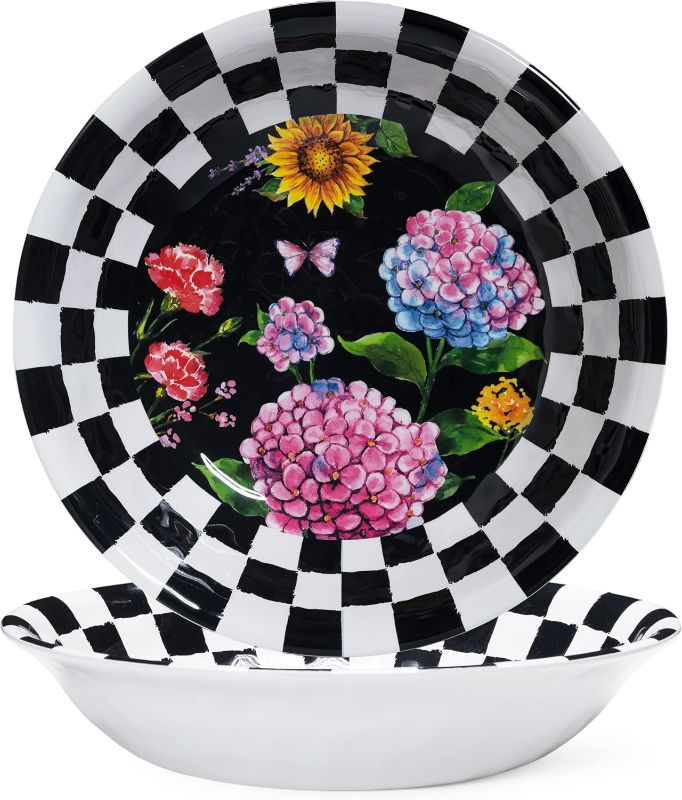 Photo 1 of LEHAHA Melamine Large Serving Bowls, Set of 2, Sunflower 13.75" x 2.75" (130 OZ) Pasta and Salad Bowl, Black Plaid Durable for Kitchen, Dishwasher Safe