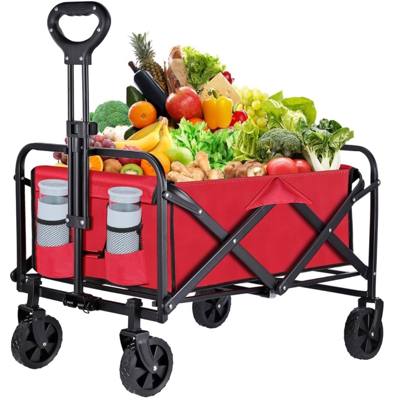 Photo 1 of Collapsible Foldable Wagon Cart, Utility Beach Cart with Drink Holders Large Capacity Protable Grocery Wagon for Garden Shopping Outdoor Camping (RED)