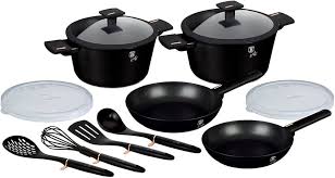 Photo 1 of Berlinger Haus Kitchen Cookware Sets 12 Piece, Nonstick Cookware Set, Turbo Induction Based Pots and Pans Set with Utensils and Plastic lids, Stackable Space Saving Cooking Set, black
