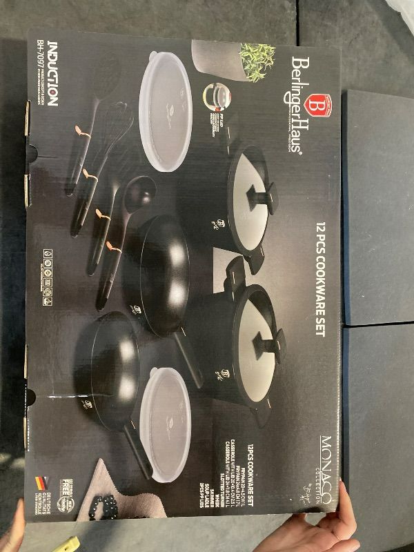 Photo 1 of Berlinger Haus Kitchen Cookware Sets 12 Piece, Nonstick Cookware Set, Turbo Induction Based Pots and Pans Set with Utensils and Plastic lids, Stackable Space Saving Cooking Set, black
