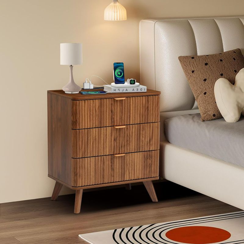 Photo 1 of Mid-Century Bedside Table with Charging Station, Fluted Farmhouse Nightstand with Drawers, Contemporary 3-Drawer Side Table with Storage Cabinet, Mid Century Modern Nightstand for Bedroom/Living Room