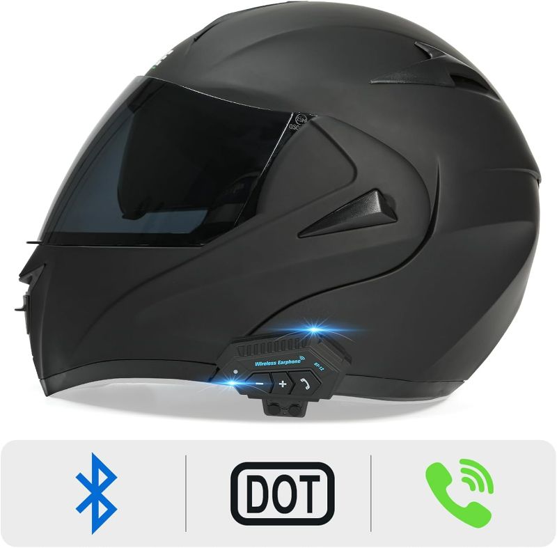 Photo 1 of Motorcycle Bluetooth Modular Helmet, DOT Approved Dual Visor Full Face Flip up Bluetooth Integrated Motorcycle Helmets for Adults Men Women