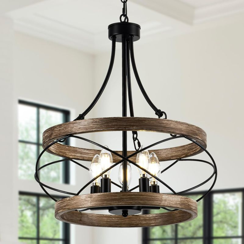 Photo 1 of 5-Light Farmhouse Chandelier, 17.72" Rustic Drum Dining Room Light Fixture, Vintage Wood Finish Metal Hanging Pendant Lighting, Industrial Candle Chandeliers for Living Room Kitchen Entryway Bedroom