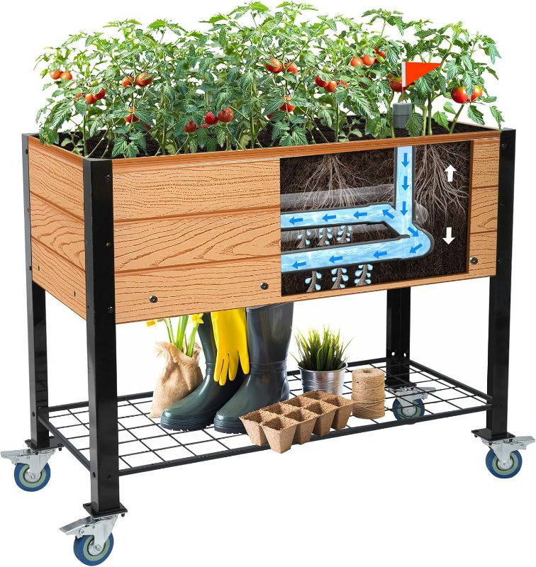 Photo 1 of Raised Garden Bed with Legs and Wheels, Self-Watering Planter Box, Elevated Raised Bed Cart with Drainage Hole and Liner for Indoor Outdoor Gardening, 36x16x30 in