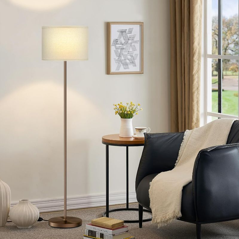 Photo 1 of Ambimall 60'' Modern Floor Lamp with Shade, Tall Lamps for Living Room, Bedroom, Office, Dining Room, Beige Shade with Brown Pole(Without Bulb)