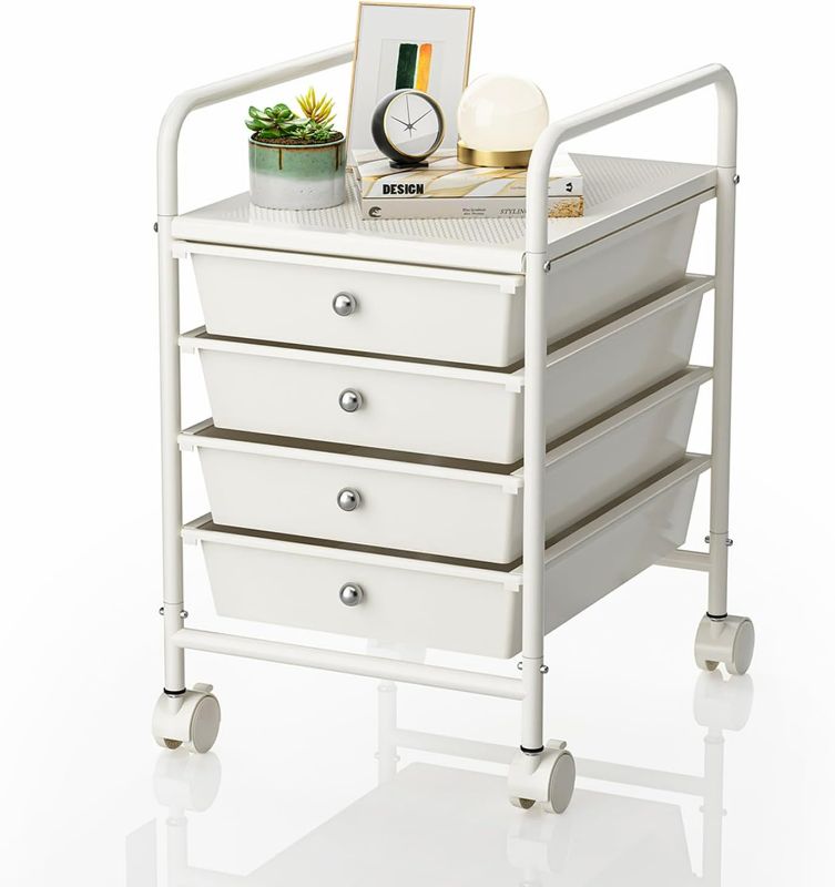 Photo 1 of 4-Tier Utility Cart with 4 Drawers, Rolling Utility Cart with 2 Lockable Caster Wheels, Multipurpose Mobile Rolling Drawer Cart for Office Bathroom Kitchen, Ivory White