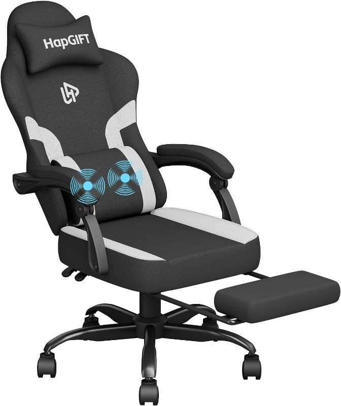 Photo 1 of HapGIFT Gaming Chair, Computer Chair with Massage Lumbar Support, Ergonomic Gaming Chair with Footrest, High Back Adjustable Technical Fabric Chair with Headrest, Gamer Chair for Adults (Black-White)