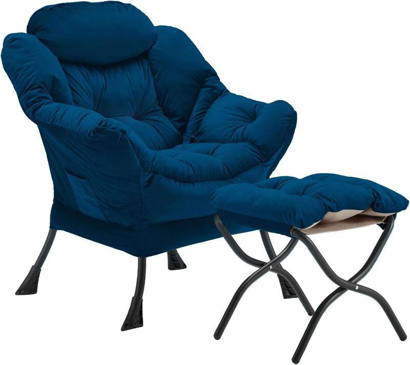 Photo 1 of Lazy Chair with Folding Ottoman, Accent Chair Velvet Upholstered with Metal Structure and Non-Slip Pads, Sofa Armchair with Footrest and Side Storage Bag for Dorm, Room, Office, Blue