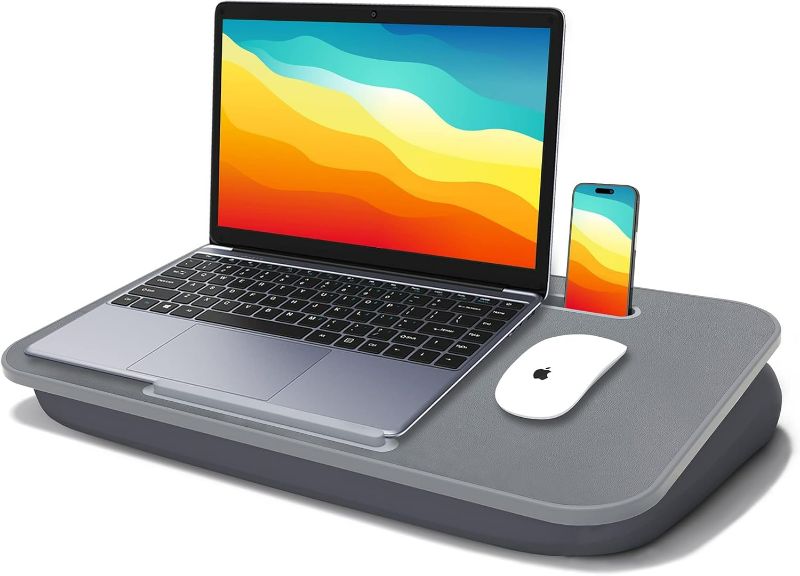 Photo 1 of Millhome Lap Desk | Portable Laptop Desk – Fits Up to 17.3" Laptops – Detachable & Washable Cushion, Phone Holder, Device Ledge – Ideal for Writing, Working, Reading on Bed, Couch, Sofa, Floor – Gray