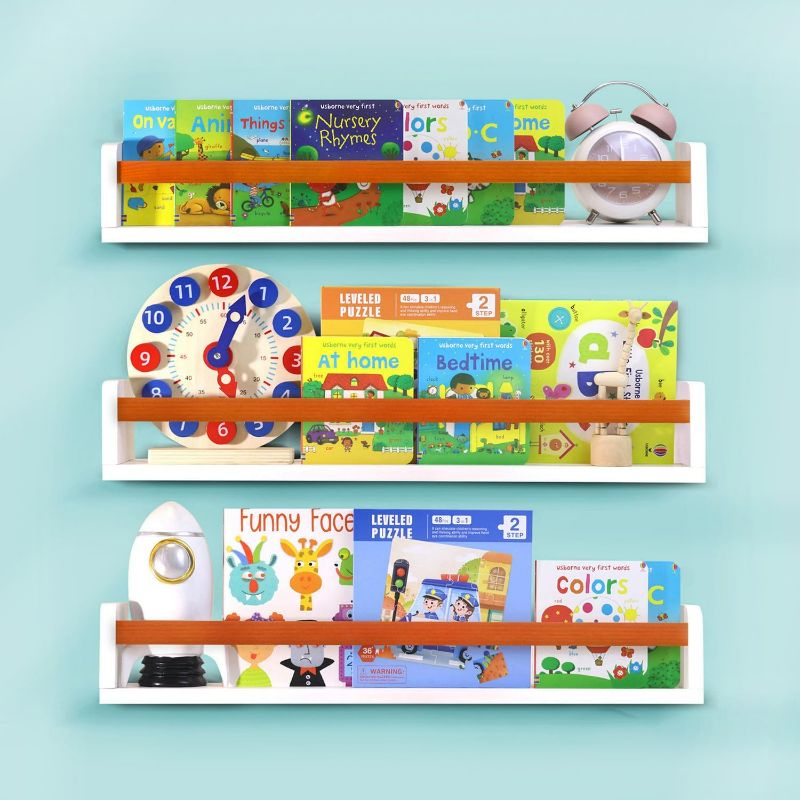 Photo 1 of Floating Wall Nursery Book Shelves for Bedrooms Kids 24 Inch White Wooden Baby Book Shelf for Kids Rooms Set of 3 Nursery Shelves for Wall Mounted Honey Stain Toddler Bookshelf for Kids Wall