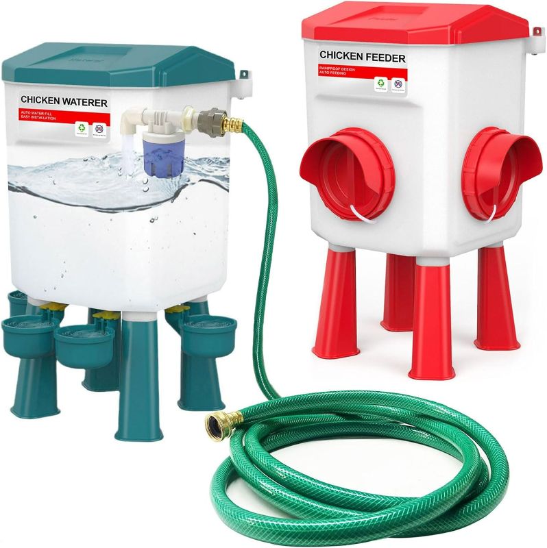 Photo 1 of Float-Controlled Automatic Chicken Waterer & No Waste Feeder Kits - Chicken Coop Accessories, Poultry Waterer and Feeder, Two Buckets 3 Gallon/18-23 Pounds