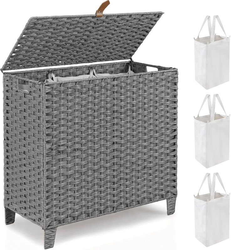 Photo 1 of 214 L Wicker Laundry Hamper with Lid 3 Section, Extra Large HandWoven Synthetic Rattan Wicker Laundry Basket with Removable Liner Bags for Bedroom Bathroom, Dirty Clothes Hampers Woven Foldable