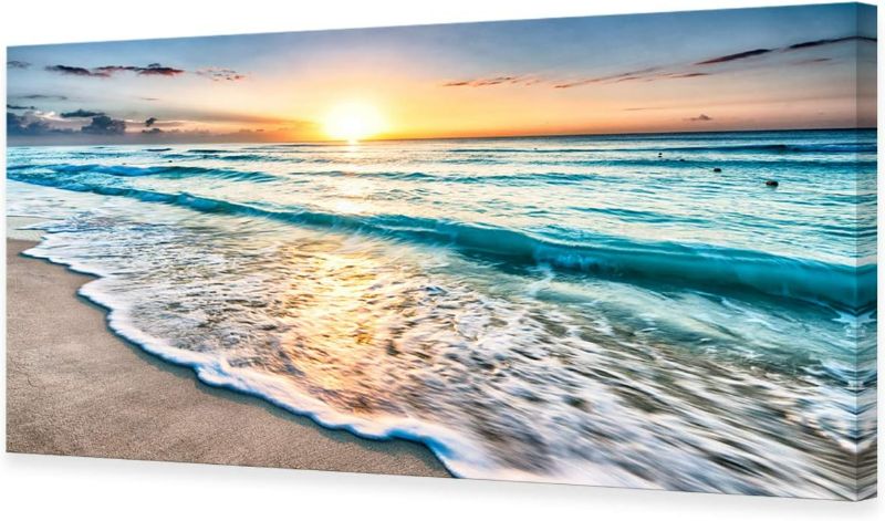 Photo 1 of Baisuart S02275 Canvas Prints Wall Art Beach Sunset Ocean Waves Nature Pictures Stretched Pictures to Photo Paintings on Canvas for Home Office Decorations Wall Décor XXLarge 30x60inch