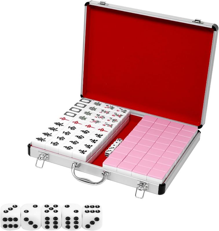 Photo 1 of Chinese Mahjong Tiles Set with 144 Pieces of 1.5 Inch Large Mahjong Tiles with Portable Silver Aluminum Case and Dice Suitable Travel Party(Pink)
