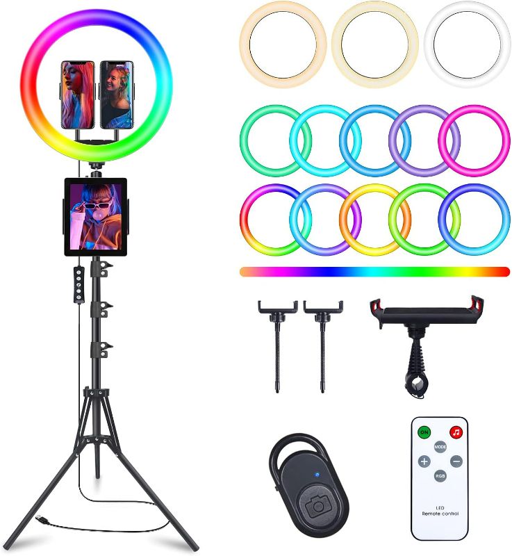 Photo 1 of 13" Selfie Ring Light with 76" Tripod Stand & 3 Phone Holder, LED Camera Ringlight with 48 RGB Colors Modes & Musical Rhythm Mode and 12 Brightness Dimmable for Makeup/Photography/Videos/Vlog/TikTok
