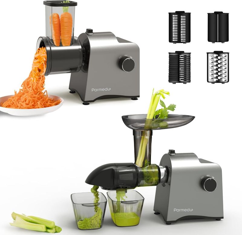 Photo 1 of Slow Masticating Juicer & Veggies Grater: Parmedu Cold Press Juicer for Vegetable & Fruit Electric Slicer Salad Maker with Reverse Function - 250W Quiet Motor Easy to Clean, Celery Juicer with Brush