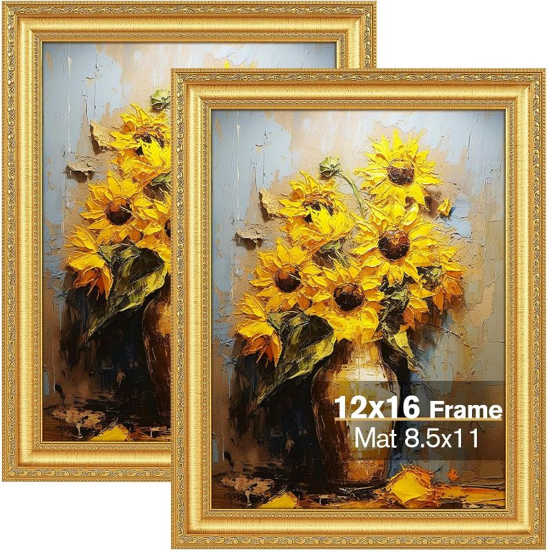 Photo 1 of 12x16 Gold Picture Frames Set of 2, Ornate Vintage 12 x 16 Photo Frames for Wall Decor or Tabletop Display, 16x12 Gold Frames with Real Glass