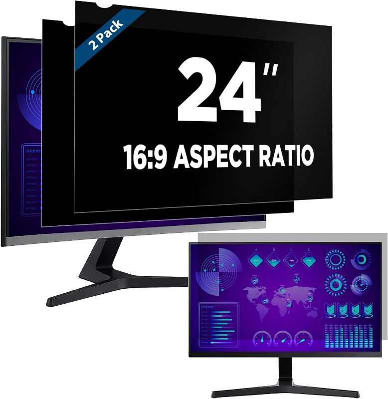 Photo 1 of Magicmoon 2-Pack 24 Inch Computer Privacy Screen Filter, Anti-Spy/Glare Protector Film for Widescreen Monitor with 16:9 Aspect Ratio (Width x Height: 531mm x 298mm)