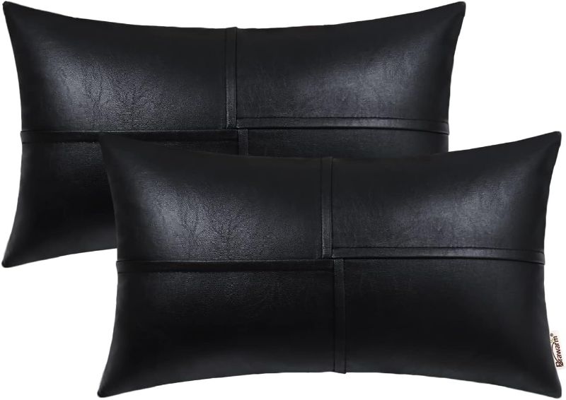 Photo 1 of BRAWARM Faux Leather Throw Pillow Covers 12 X 20 Inches, Black Leather Lumbar Pillow Covers Pack of 2, Hand Stitched Leather Decorative Throw Pillows for Couch Sofa Bed Living Room Home Garden