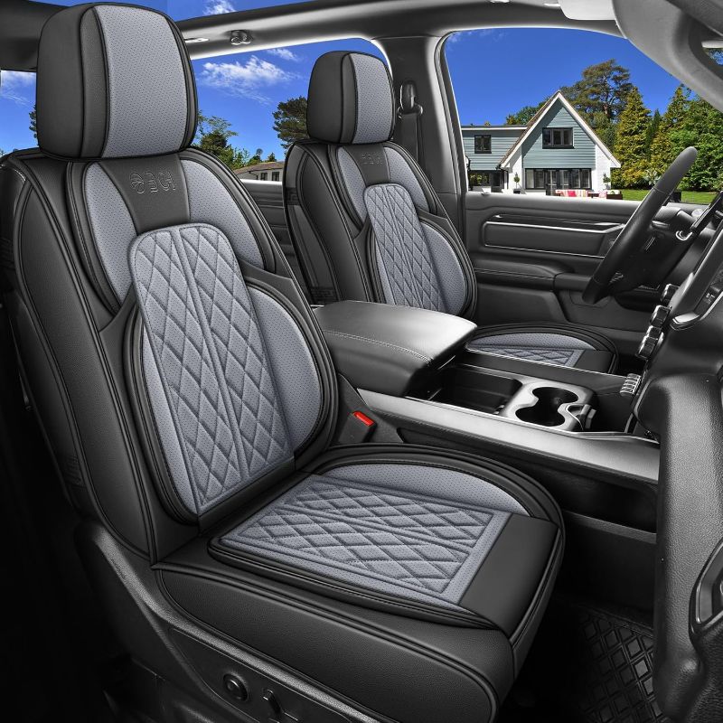 Photo 1 of Car Seat Cover Custom Fit for Ford F150 2009-2024 Faux Leather Seat Cover Set Compatible with Crew Quad Regular Cab Pickup Truck Cushions (Black & Grey, Full Set)