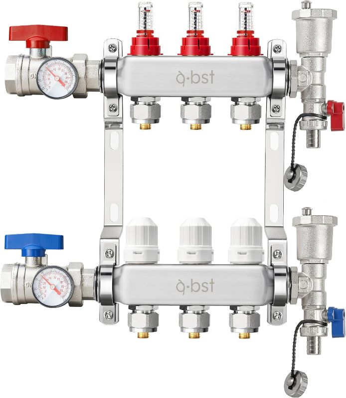 Photo 1 of ABST PEX Manifold,3 Loop Stainless Steel Floor Radiant Heat Manifold Kit with 1/2" Adapters Included for Hydronic Radiant Floor Heating