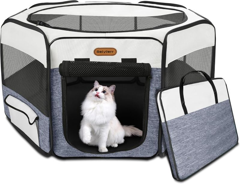 Photo 1 of Dog Playpen, Portable Pet Play Pen Foldable Carrying Case, Puppy Pens Outsid for Small Cat Indoor/Outdoor, Removable Mesh Shade Cover