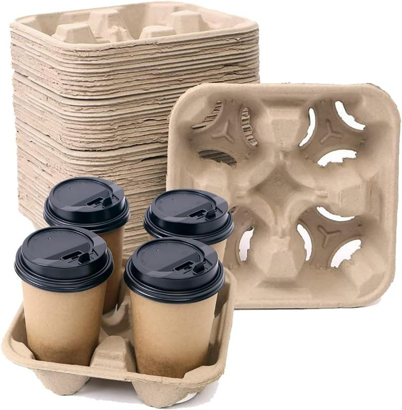 Photo 1 of 4 Cup Drink Carrier - Biodegradable Disposable to Go Cup Holder with Deeper Slots, Secure Hold for Coffee, Bubble Tea, Soda - Ideal for Takeout, Delivery, Restaurants (100 Pack)