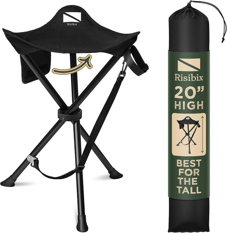 Photo 1 of Foldable Tripod Stool - Ultra Portable Seat for Tall People, 20” High - Hunting Chair & Hidden Zippered Pocket - 2 lb Camping Stool, 3 Legged Strong Steel Stool Holds up to 200 lb (Black)