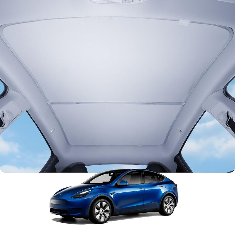 Photo 1 of Motrobe Tesla Model Y Sunshade Roof [No Gaps No Sagging] Heat Insulation Nano Ice Crystal Coating UV Blocking Glass Sunroof Top Window Cover Foldable 2020-2024 Model Y Accessories BEIGE