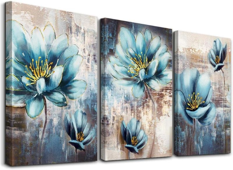 Photo 1 of Lapremoly Canvas Wall Art For Living Room Family Wall Decor For Bedroom Abstract Blue Flowers Wall Paintings Office Decor Modern Wall Decorations For Kitchen Wall Pictures Artwork 16" X 24" 3 Piece