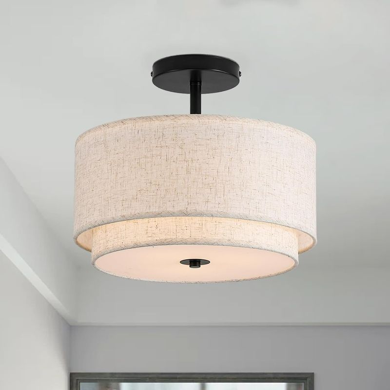 Photo 1 of 12.6inch Flush Mount Ceiling Light Fixture,3-Light Modern Close to Ceiling Light with 2-Layer Linen Fabric Shade,Farmhouse Drum Ceiling Mount Lamp for Bedroom Hallway Living Room