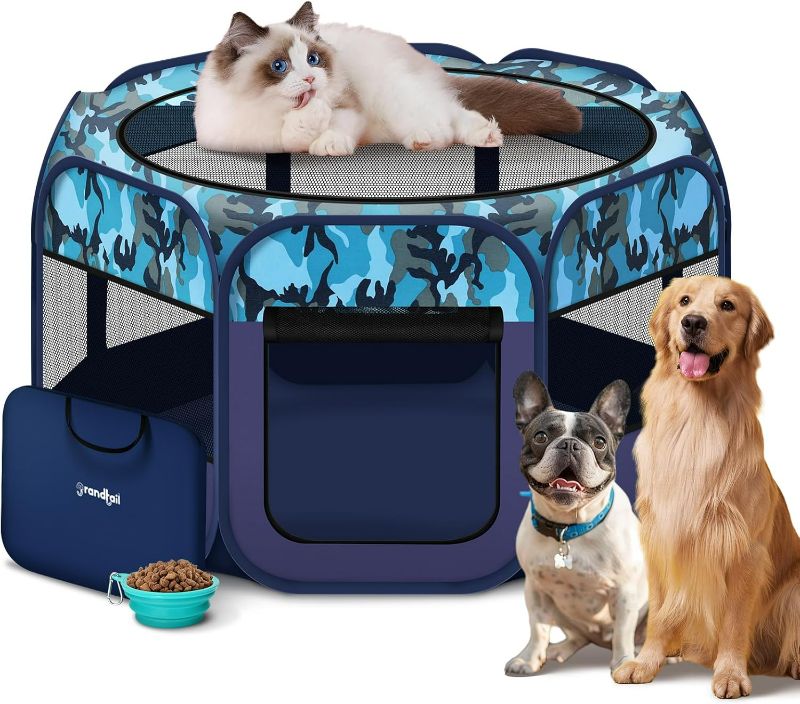 Photo 1 of Dog Playpen, Pet Playpen, Portable Cat Playpen, Pop Up Foldable Puppy Playpen Exercise Kennel Tent with Carry Case Collapsible Bowl,Water-Resistant Shade Cover for Outdoor Indoor Travel (Large)