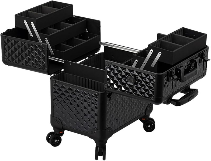 Photo 1 of  Rolling Makeup Case Aluminum Make Up Case, Rolling Cosmetic Organizer with 4 Rolling Wheels Cosmetic Case Pilot Case Beauty Case Travel Trolley Hairdressing Case Cosmetic Trolley
