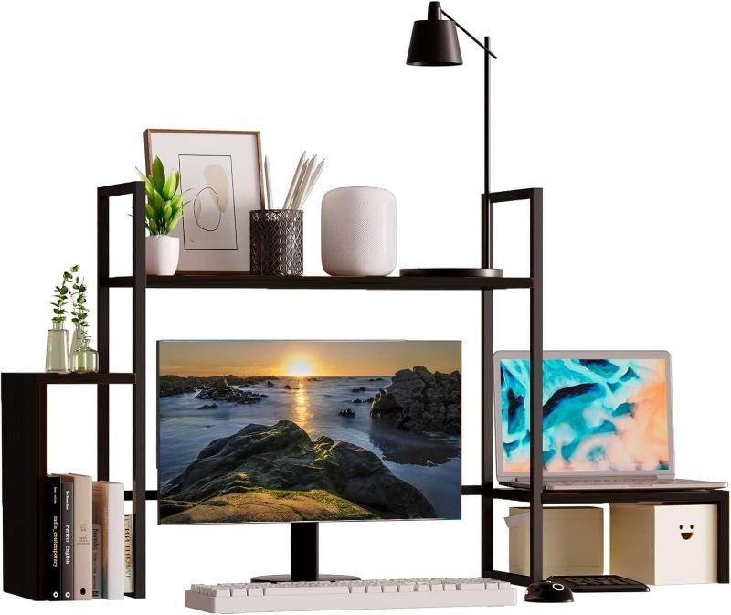 Photo 1 of Wooden 2-Tier Desktop Shelf with RGB Light Strip - 48.8" Desk Organizer for Max 28" Monitor - Home Office & Dorm Bookshelf - Black