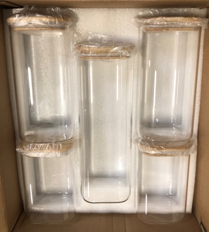 Photo 1 of GC GENICOOK Glass Food Storage Jars,Spaghetti Pasta Storage Container,Borosilcate Glass Canister Set with Eco-Friendly Bamboo Lids for Noodles Flour Cereal Coffee Beans 5 pack
