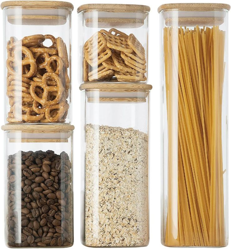 Photo 1 of GC GENICOOK Glass Food Storage Jars,Spaghetti Pasta Storage Container,Borosilcate Glass Canister Set with Eco-Friendly Bamboo Lids for Noodles Flour Cereal Coffee Beans 5 pack