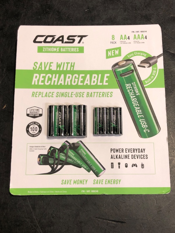 Photo 1 of Coast AA/AAA USB-C Rechargeable Batteries, ZITHION-X, Lithium Ion 1.5v 2400 mAh, Long Lasting, Charges Under 2.5 Hours, Charging Cable Included, 4-Battery Pack of Each Battery