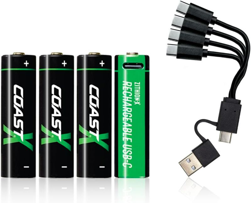 Photo 1 of Coast AA/AAA USB-C Rechargeable Batteries, ZITHION-X, Lithium Ion 1.5v 2400 mAh, Long Lasting, Charges Under 2.5 Hours, Charging Cable Included, 4-Battery Pack of Each Battery