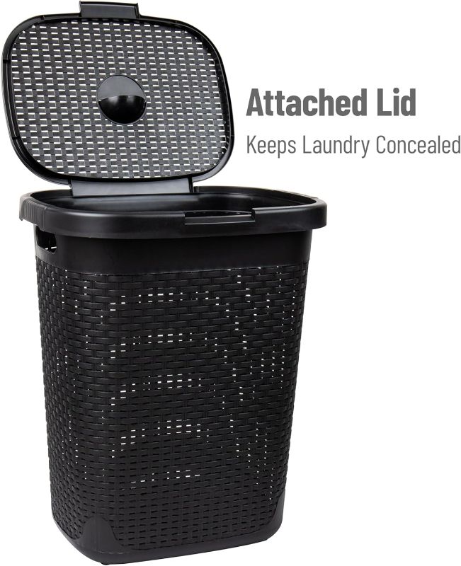 Photo 1 of **LIDS ONLY** Mind Reader 50L Slim Laundry Hamper, Clothes Basket, Lid, Wicker Design, Plastic, 17.65"L x 13.75"W x 21"H, Black