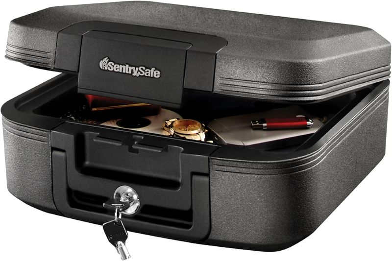 Photo 1 of SentrySafe Dark Gray Fireproof and Waterproof Safe with Key Lock, Chest Lock Box with Carrying Handle for Travel, 0.28 Cubic Feet, 6.6 x 15.4 x 14.3 Inches, CFW20201