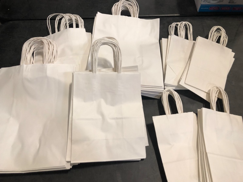 Photo 1 of Toovip 90 Pack White Kraft Paper Bags with Handles Bulk, 3 Assorted Sizes Gift Wrap Bags for Favors Grocery Retail Party Birthday Shopping Business Goody Craft Merchandise Take Out Sacks